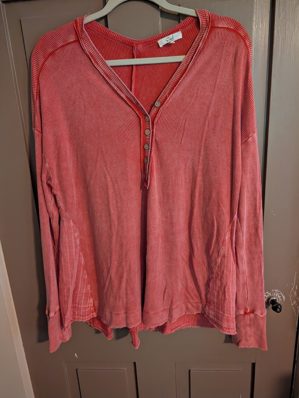Easel Button-Front Henley Long Sleeve Women's Top in Terracotta